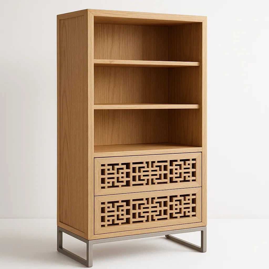 Bücherregal aus Holz mit Schubladen und Metallbeinen