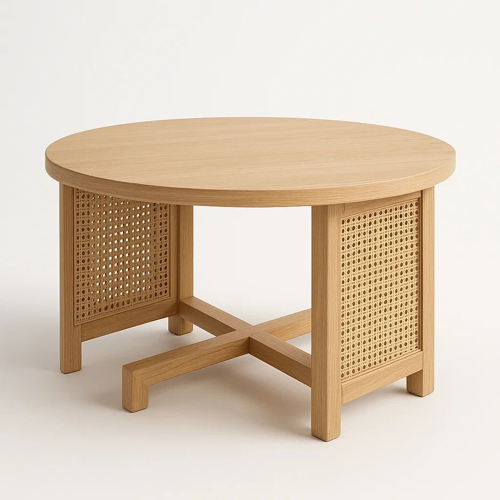 Runder Couchtisch aus Eichenholz und Rattan