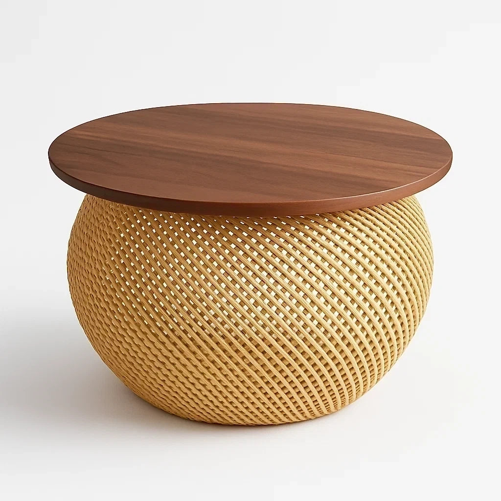 Runder Couchtisch aus Holz und Rattan, 80 cm