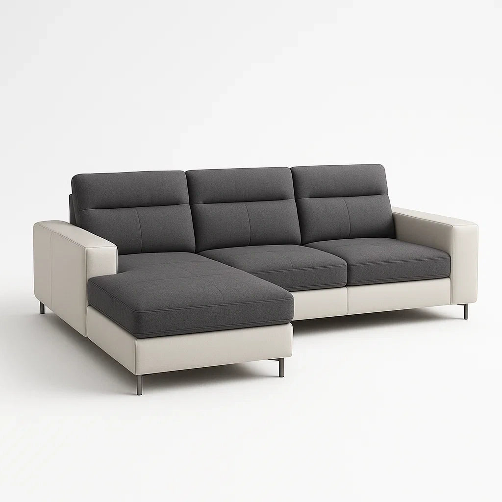 Ecksofa aus Polyester-Stoff und Kunstleder in Grau und Beige