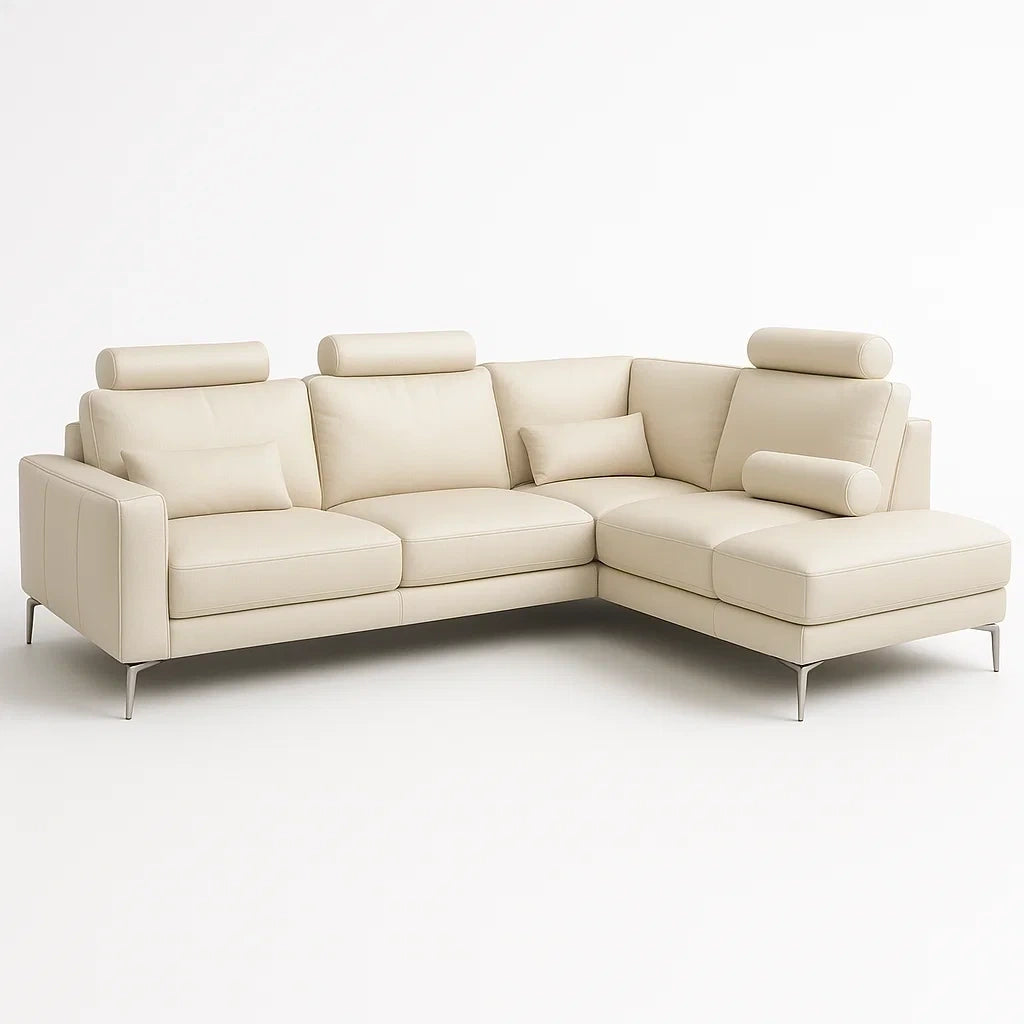 Ecksofa aus Echtleder in Creme mit L-Form