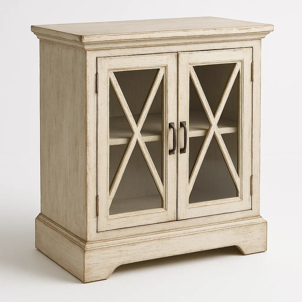 Holzschrank Zweitürig mit Glas X-Design Altweiß 80x35x95 cm