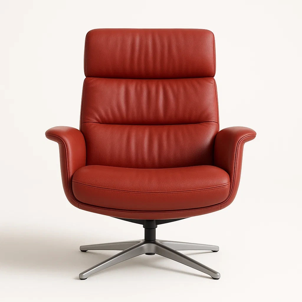 Roter Ledersessel mit Drehfunktion und Metallgestell