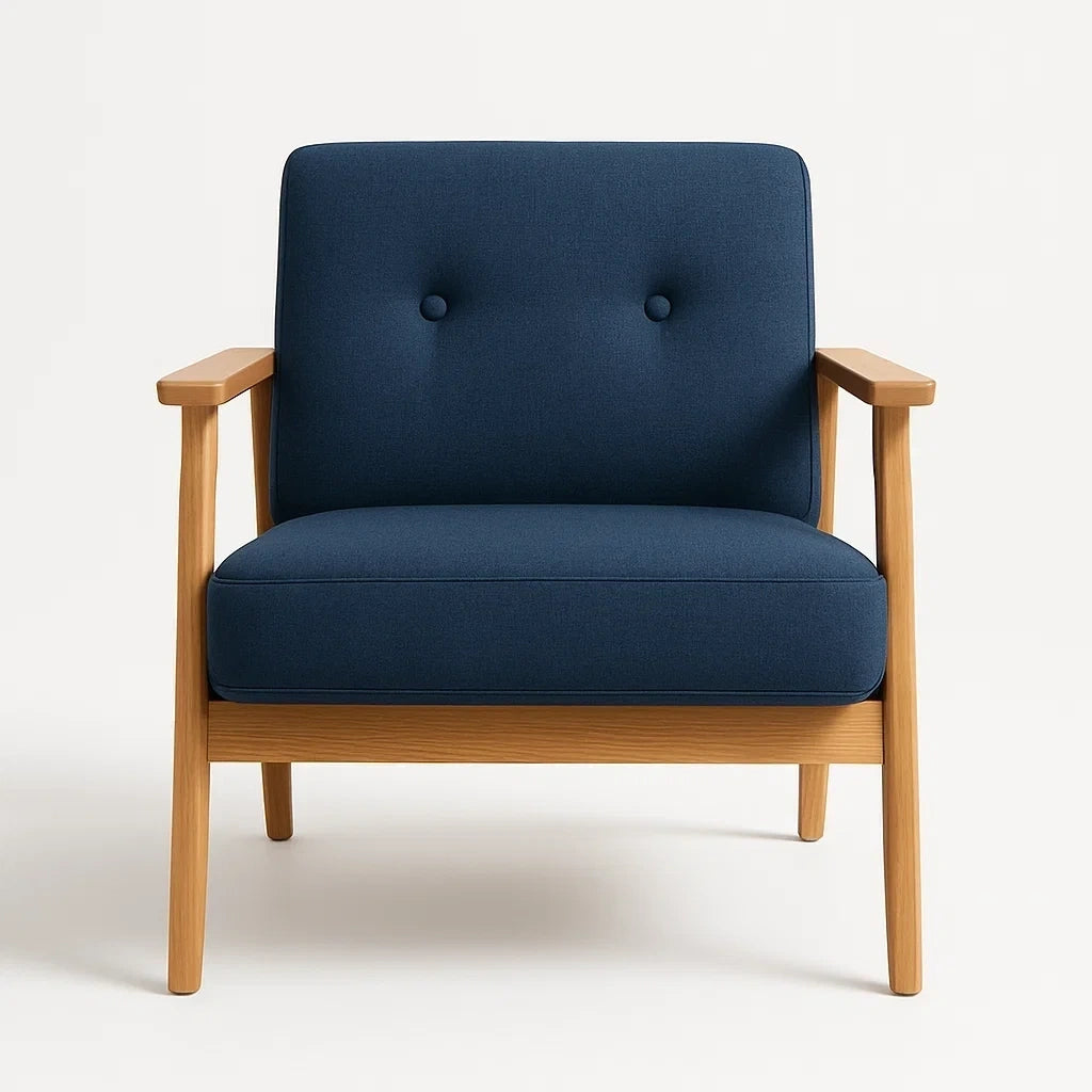 Holz-Sessel mit blauem Polyesterstoffbezug