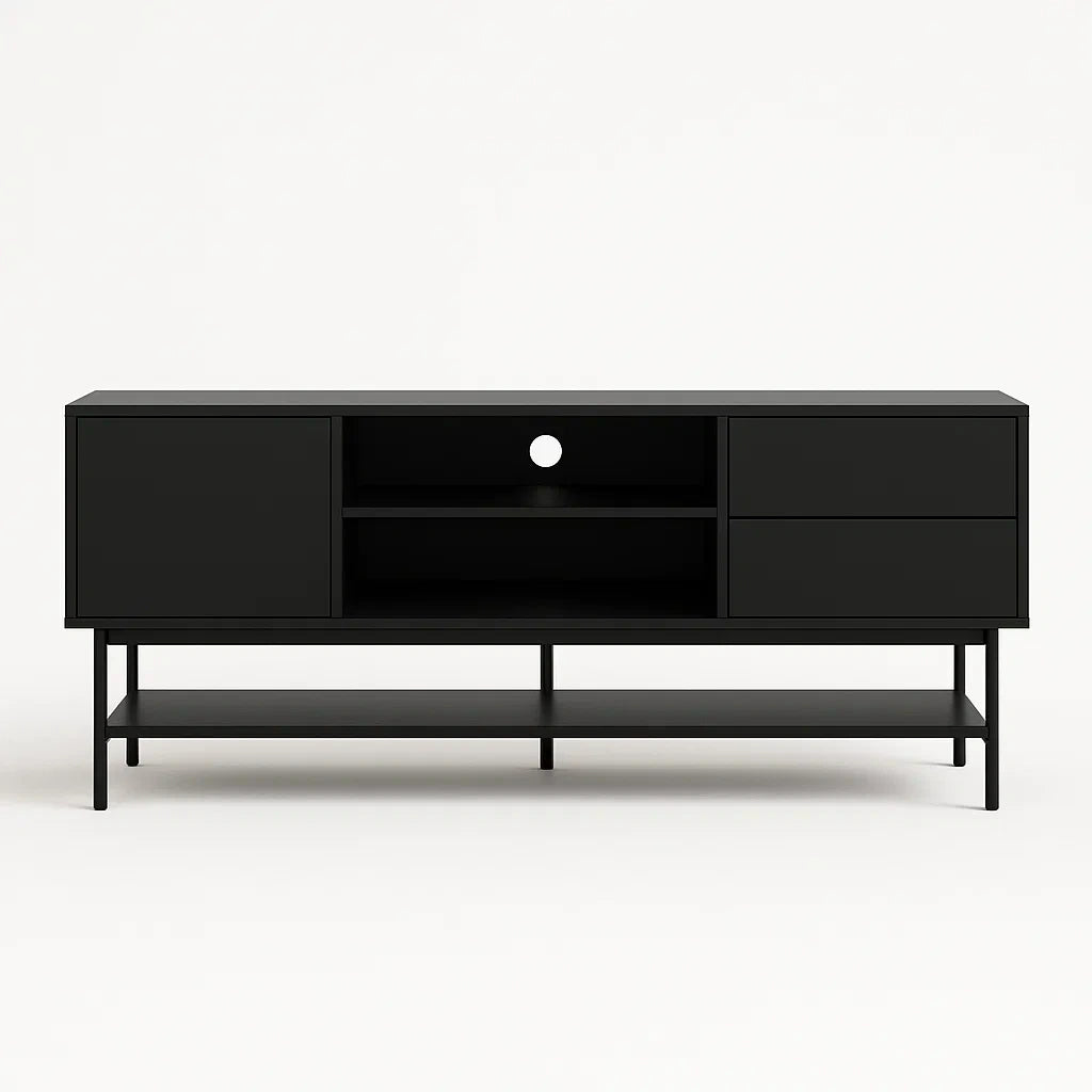 Schwarzes TV-Regal aus MDF und Metall mit Schubladen und Türen 160x40x55 cm