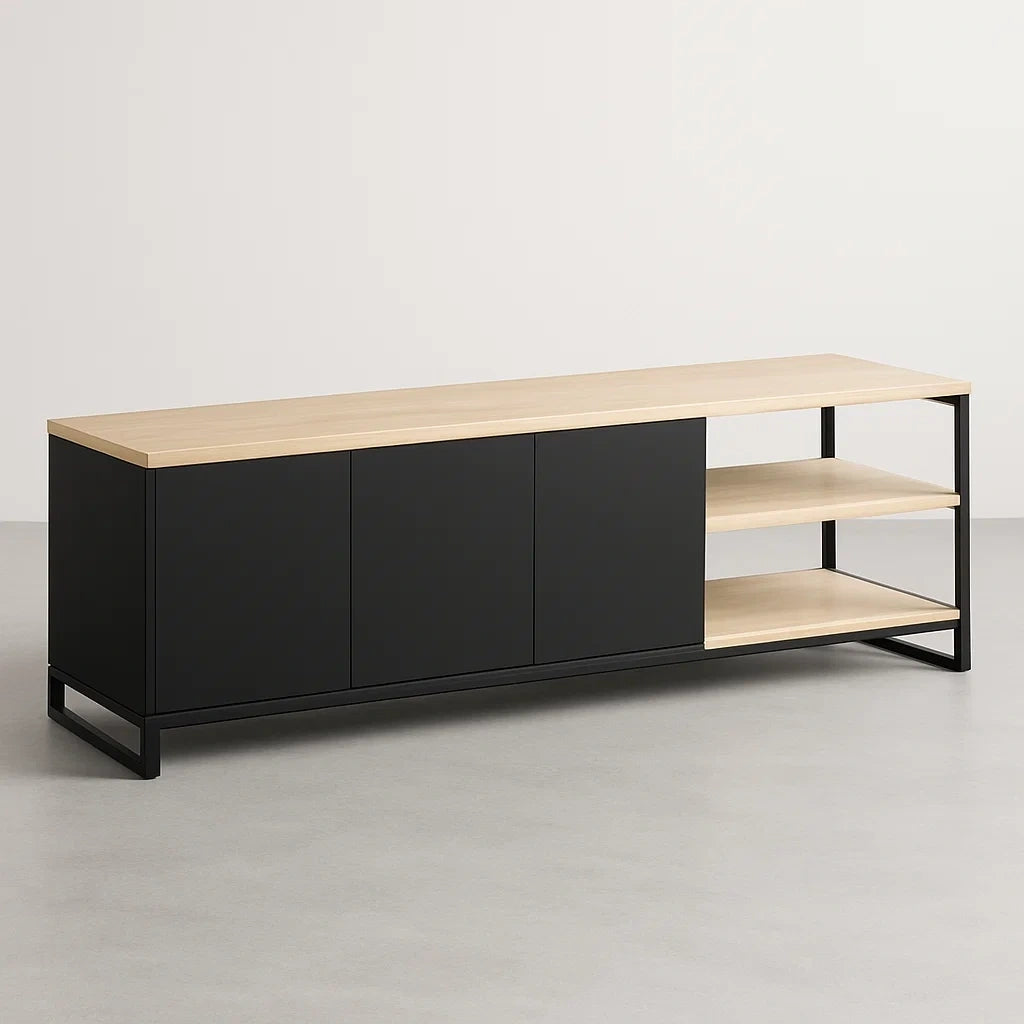 TV-Schrank aus Holzfurnier und Metall in Schwarz 180x40x50 cm